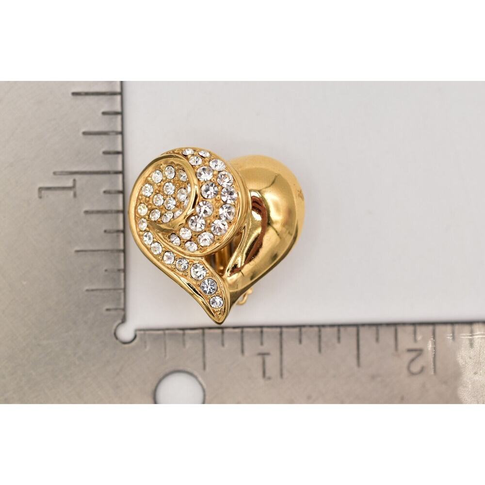 Givenchy Vintage Crystal Heart Clip On Earrings Gold Chunky Signed 1980s BinAZ - Picture 12 of 12